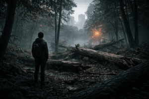 Bosque urbano con árboles caídos y una figura humana escuchando en silencio