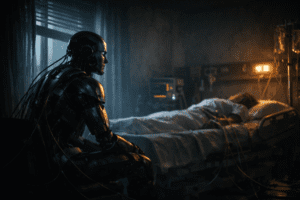 robot humanoide sentado junto a cama de hospital en una habitación oscura, luz tenue entrando por una ventana lateral, tonos fríos azulados con ligero contraste ámbar, ambiente melancólico, cables finos conectando robot y paciente, cuerpo humano desenfocado en la cama, estilo cinematográfico, hiperrealista, atmósfera triste, no violento, no destrucción, composición horizontal