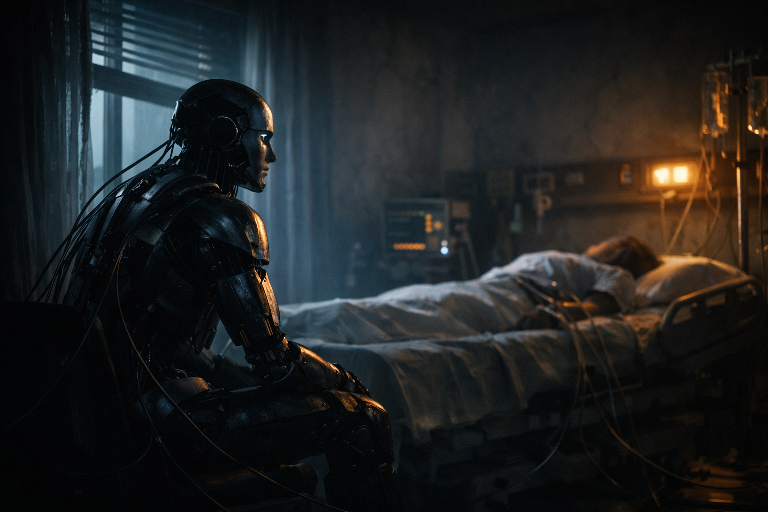 robot humanoide sentado junto a cama de hospital en una habitación oscura, luz tenue entrando por una ventana lateral, tonos fríos azulados con ligero contraste ámbar, ambiente melancólico, cables finos conectando robot y paciente, cuerpo humano desenfocado en la cama, estilo cinematográfico, hiperrealista, atmósfera triste, no violento, no destrucción, composición horizontal